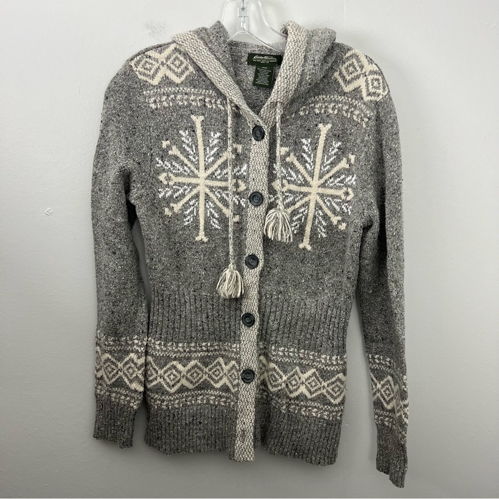 Eddie Bauer Hooded Button Cardigan Wool Blend Snowflake Fair Isle